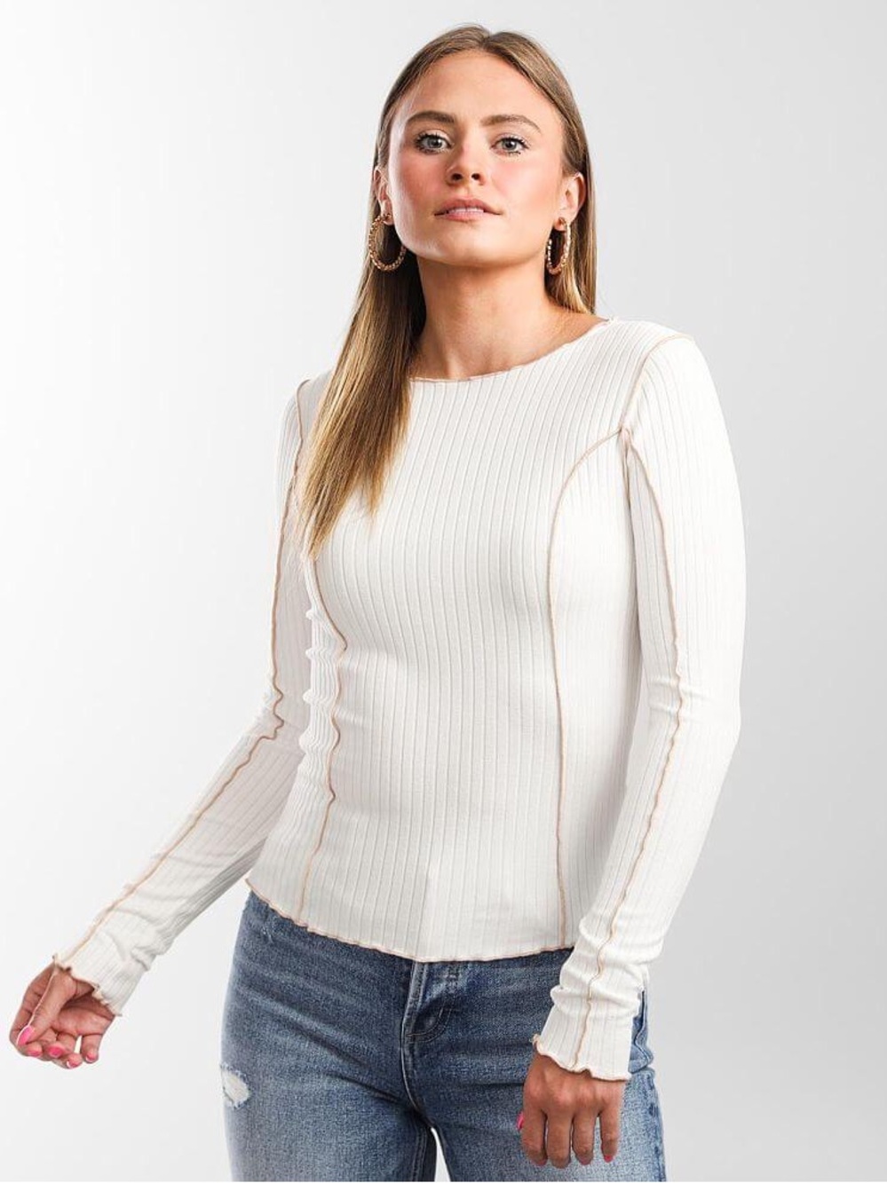 Gilded Intent Contrast Trim Mock Neck  Ribbed Long-Sleeve Tee - Ivory Sz S